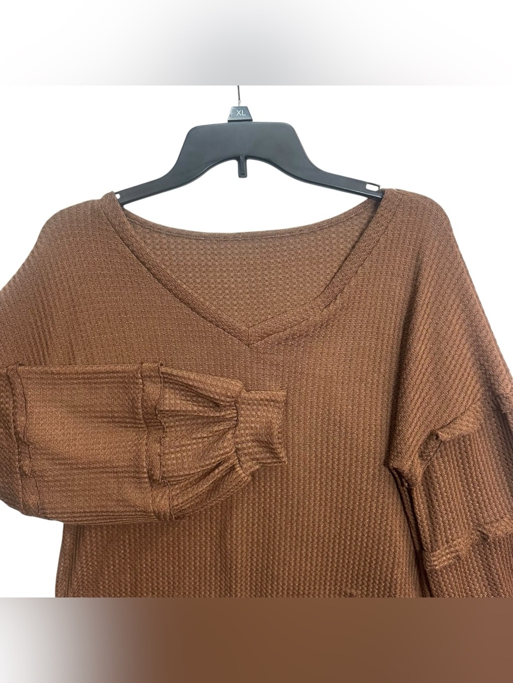 CUPSHE Brown Micro-Ruffle Puff Sleeve Waffle Knit Sweater Top Size S NWT - Picture 4 of 10